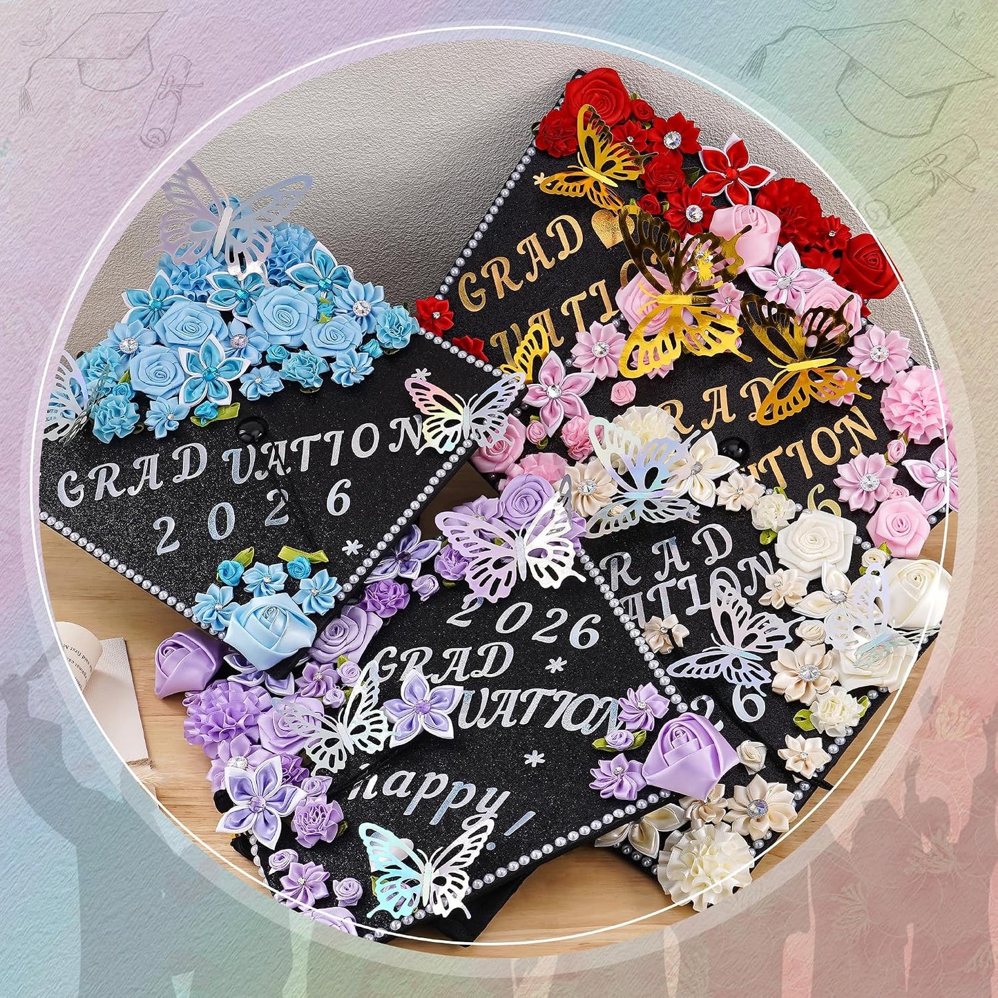 Graduation Cap Decoration Kit - 56 Pcs DIY Pink Flowers, Rhinestones & Glitter Butterflies | 2026 Grad Hat Topper