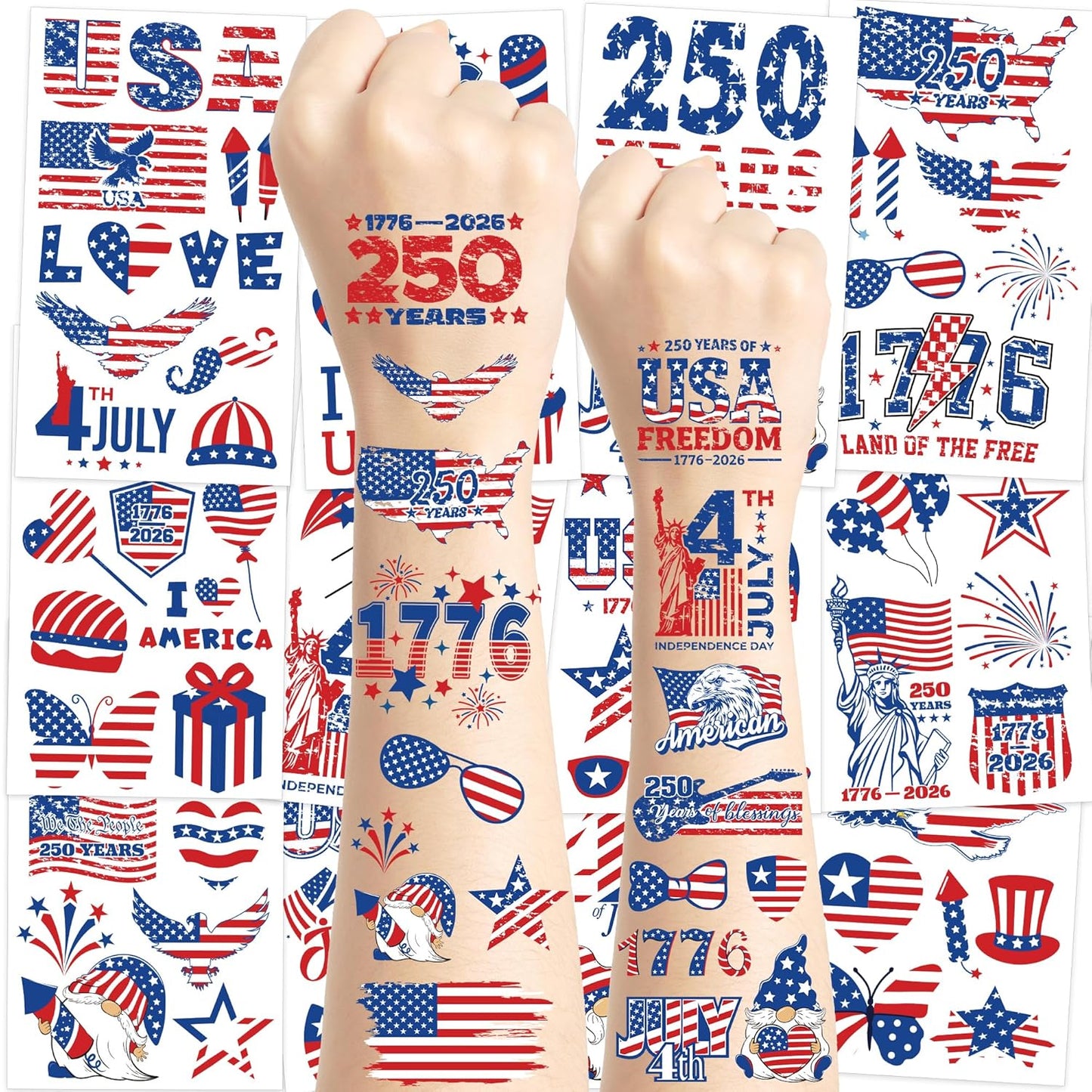Fourth of July Tattoos for Kids - 106 PCS Patriotic Temporary Stickers | American Flag Red, White & Blue Decor