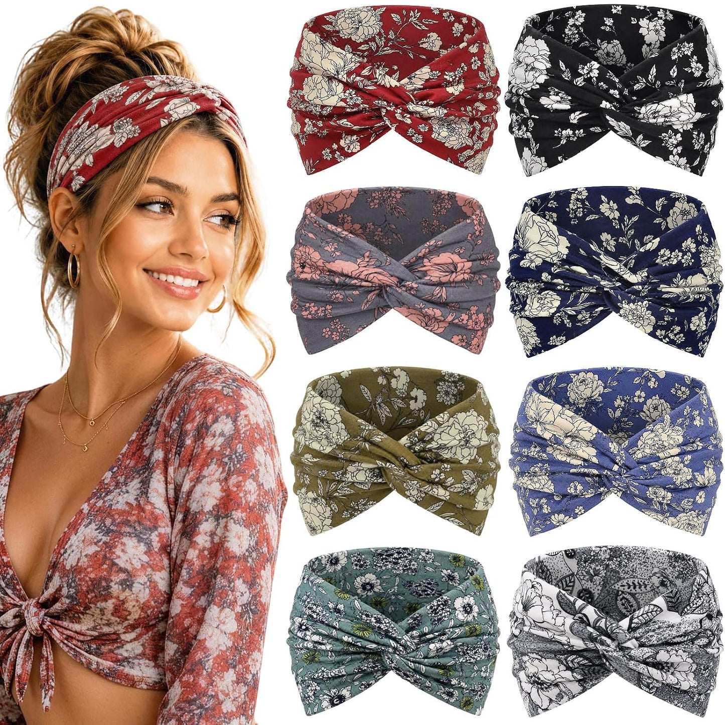 Wide Headbands for Women - 7.08 Inch Thick Boho Turban Hair Wraps | Non-Slip, Moisture-Wicking, 8 Pack Multi Colors
