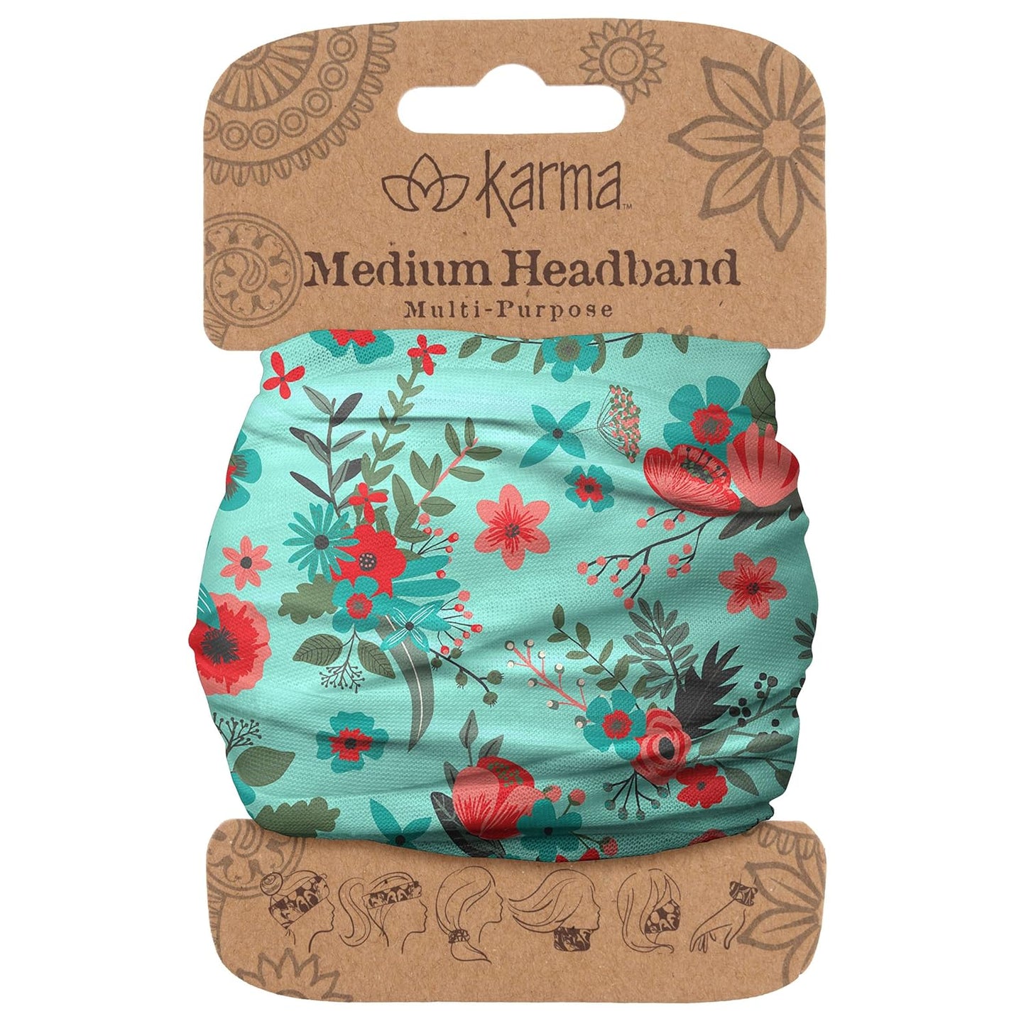 Floral Headband for Women | Stretchy Fabric Hair Scarf - Light Tan & Blue - Medium Size