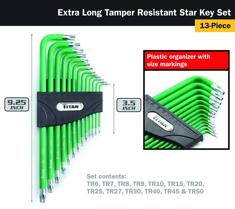 Titan Tools 12715 Extra-Long Arm Tamper Resistant Star Key Set - 13 Piece , Green, 1