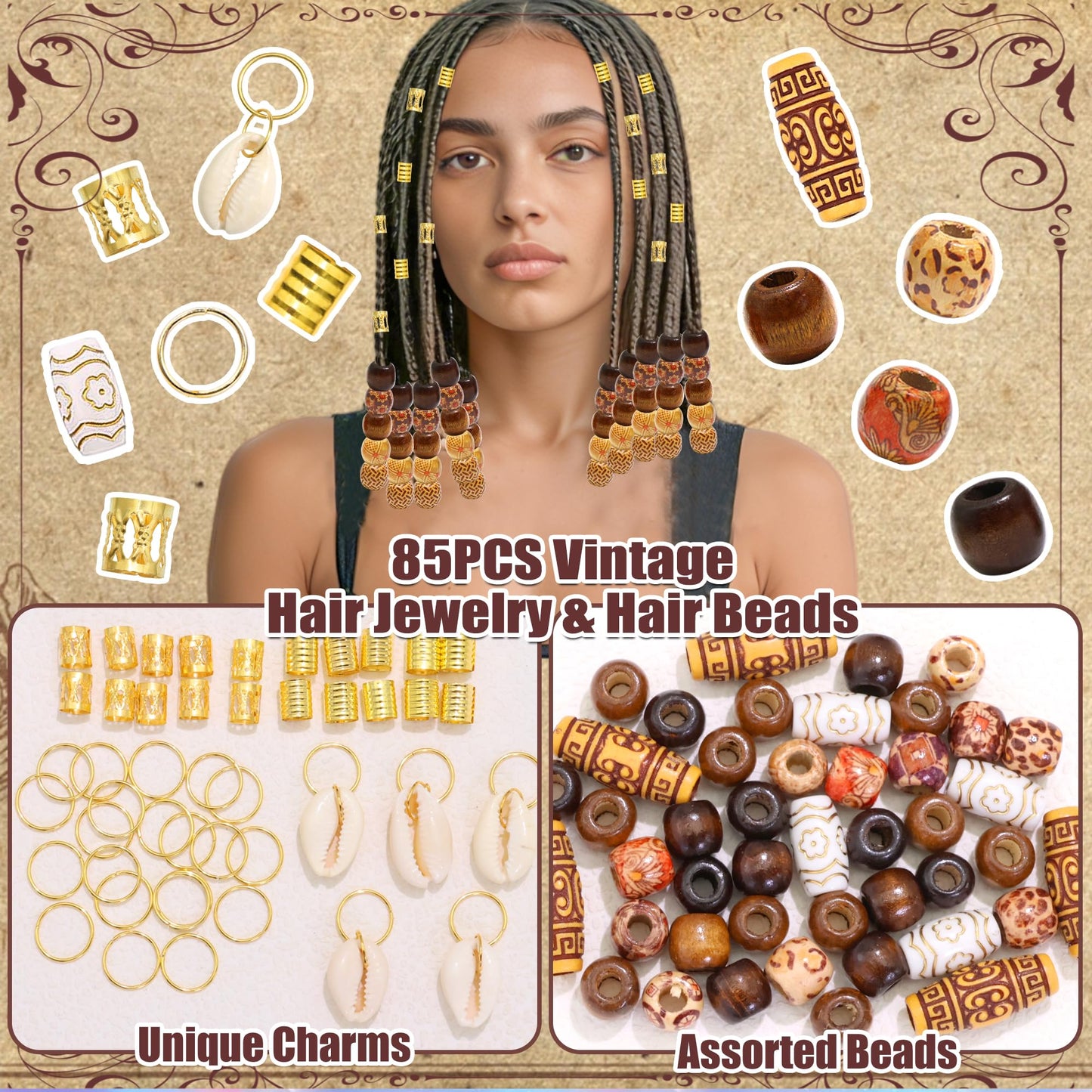 NAISKA 85PCS Shell Hair Jewelry for Braids Wooden Hair Beads Seashell Pendents Braid Jewelry Gold Hair Cuffs Rings Assorted Beads for Braids Multi-styles Braid Accessories for Women Girls