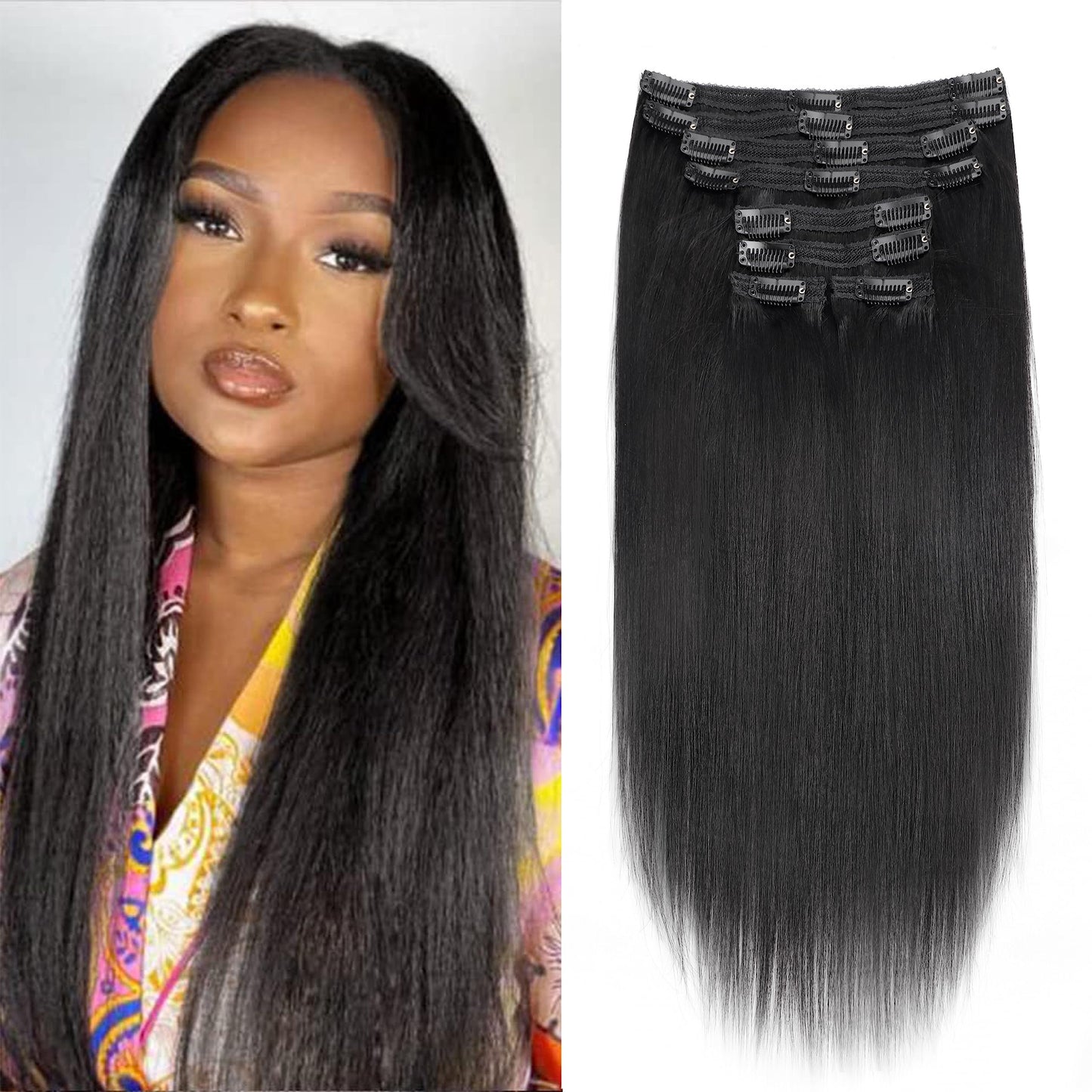 Mihugass 26 Inch Yaki-Straight Clip ins Real Human Hair Affordable Yaki Straight Clip in Human Hair Extensions Brazilian Virgin Hair clip on Hair Not Flat Low Shine 18Clips Per Set 120G #1B Color