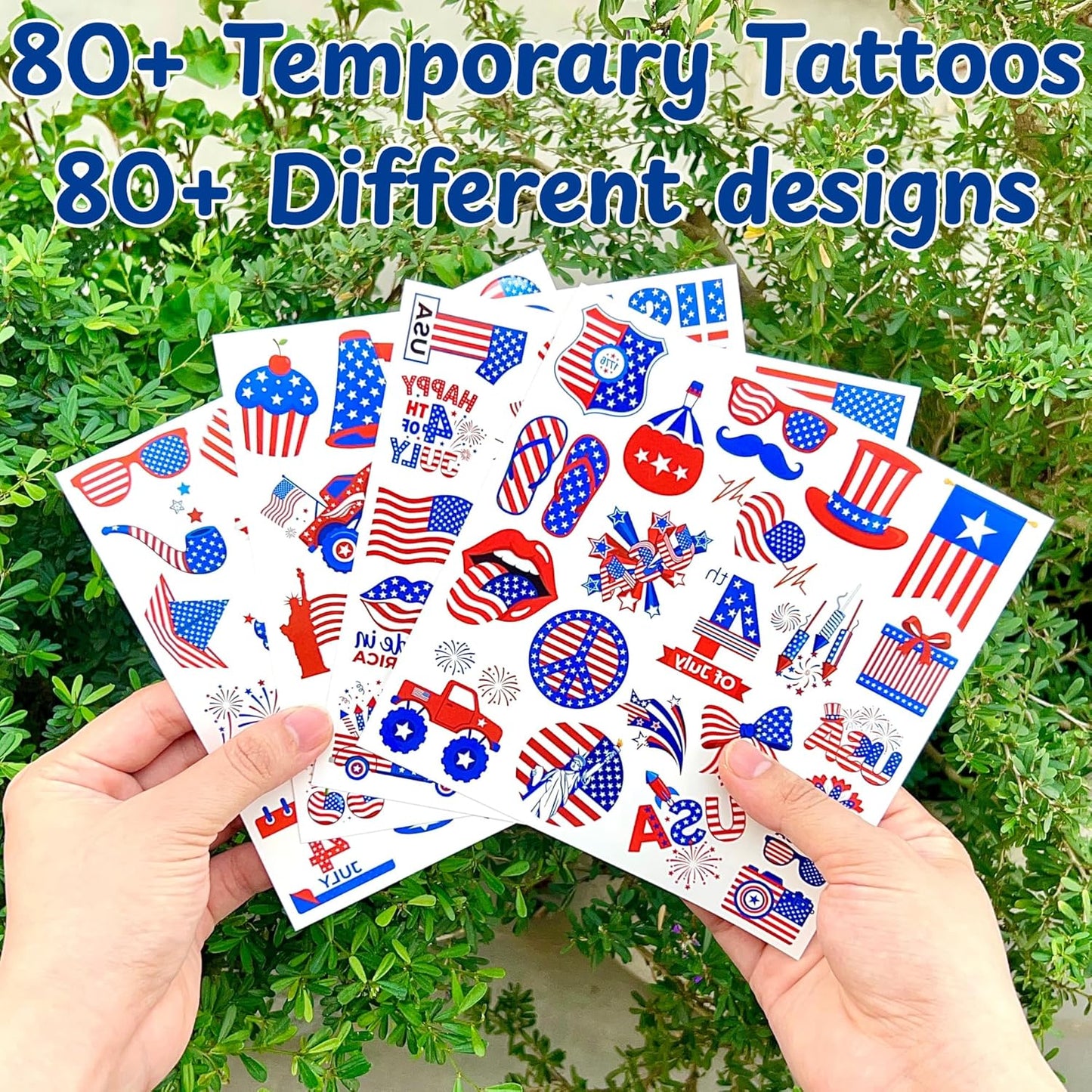 Fourth of July Temporary Tattoos - 85Pcs Patriotic Party Favors | Red, White & Blue Designs