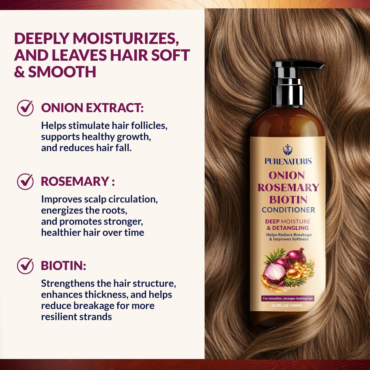 Onion Rosemary Biotin Hair Care Set – Sulfate Free Shampoo, Conditioner & Scalp Serum – Helps Strengthen Hair, Reduce Breakage & Support Fuller, Thicker-Looking Hair – 3 Piece Set