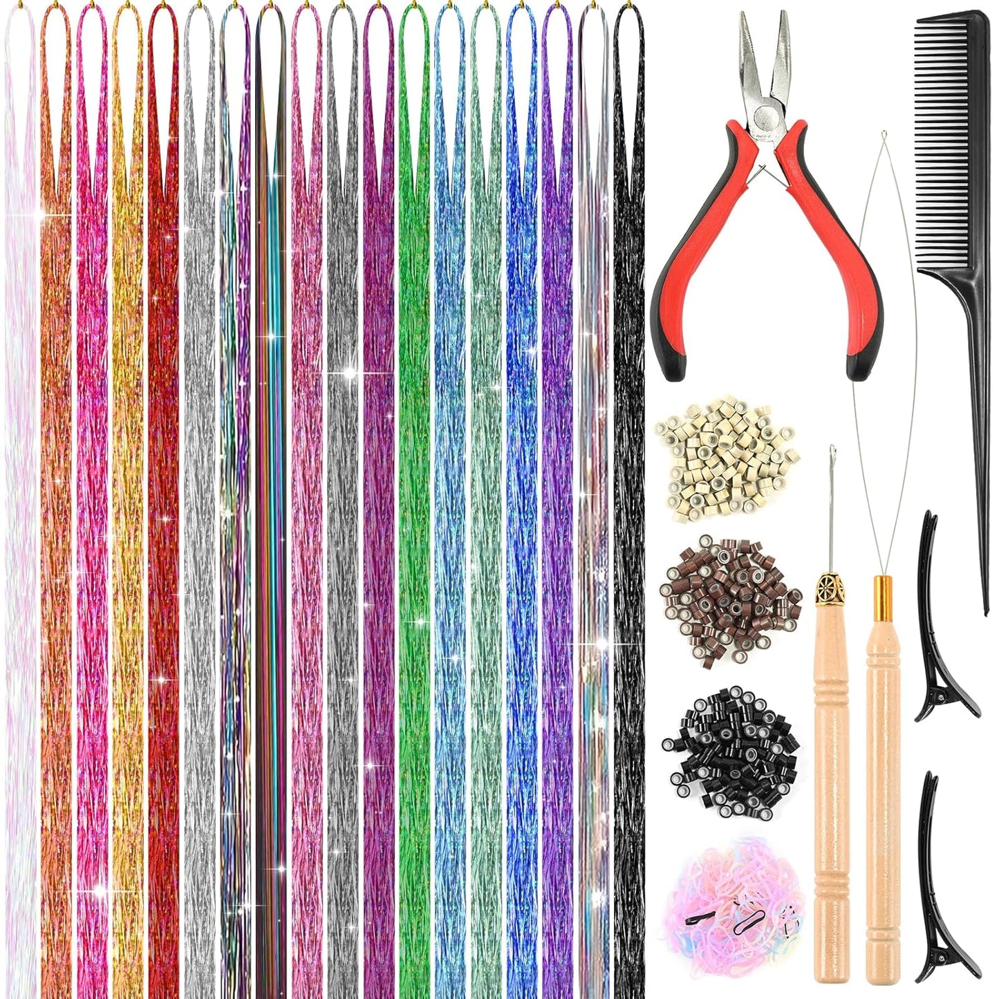 12 Colors Hair Tinsel Kit - 48 Inch Heat Resistant Hair Extensions | 3600 Strands Sparkling Glitter for Festivals & Parties