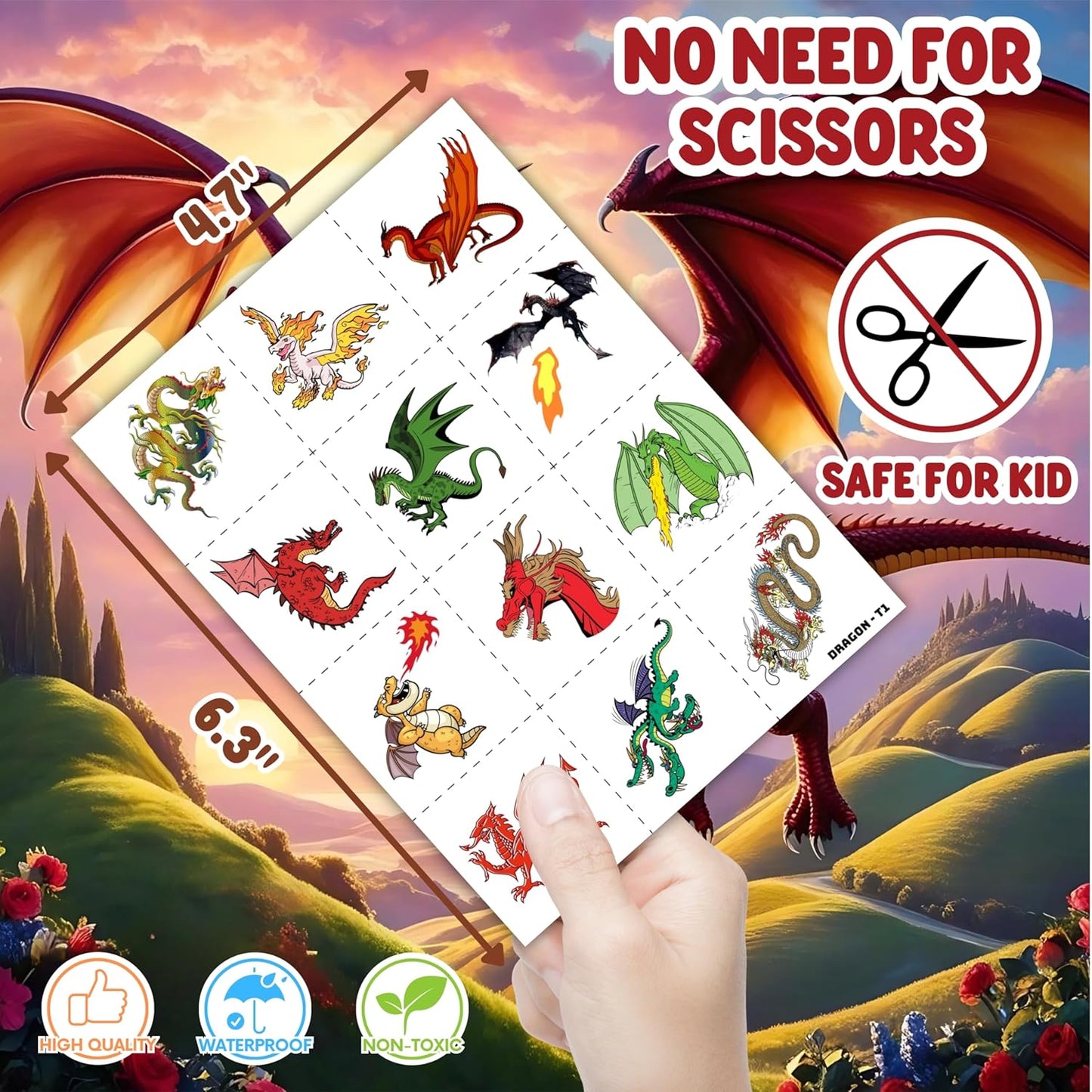 Dragon Temporary Tattoos - 96PCS Pre-Cut Stickers for Kids | Birthday Party Favors & Classroom Rewards