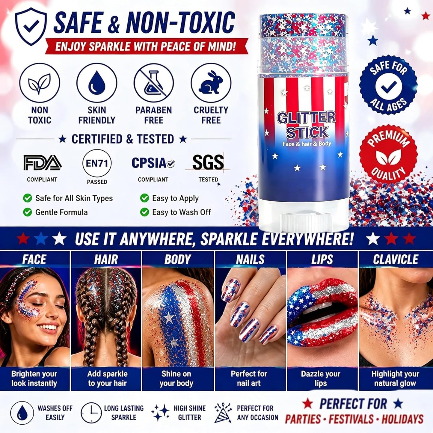 Patriotic Red White Blue Glitter Stick - Waterproof Face & Hair Glitter for 4th of July Celebrations | 250th Anniversary