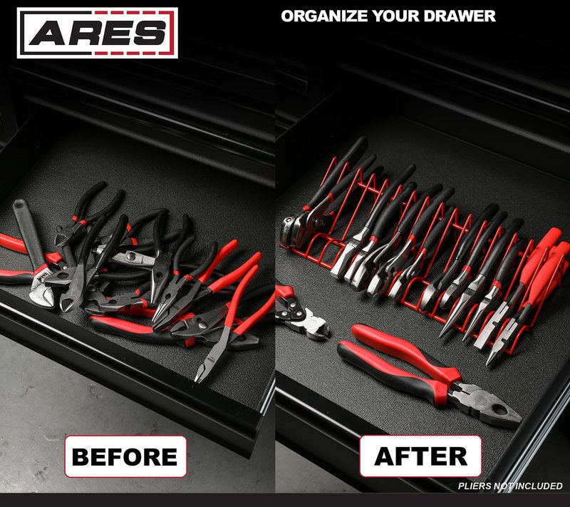 ARES 62003 - Red 16-Slot Plier Rack - Keep Pliers Organized in Tool Drawer - 3/4-Inch Slots Fit Most Plier - PVC Coating Protects Pliers and Prevents Slippage