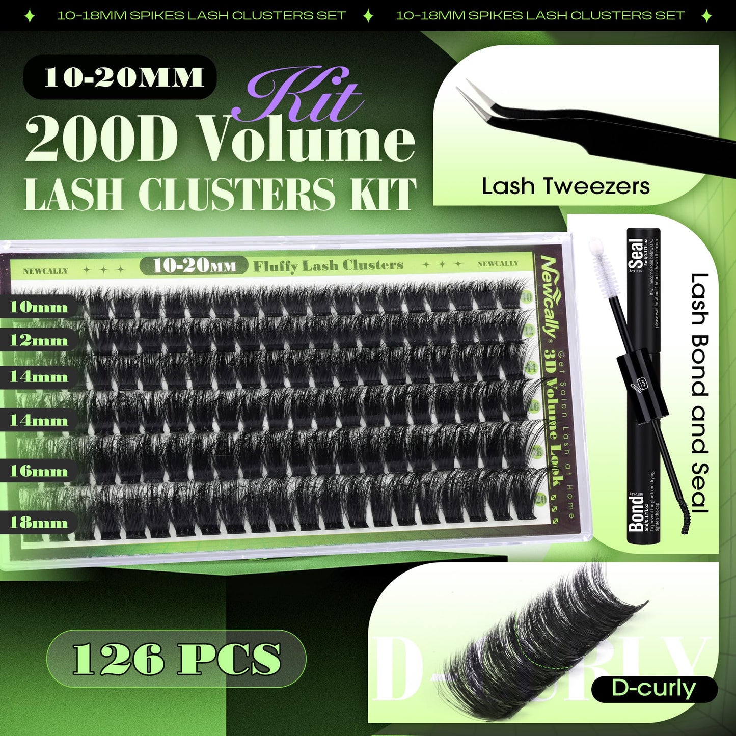 Fluffy Lash Clusters Kit 200D Volume Lash Extension Kit Long 10-20MM Eyelash Clusters Thick Mink Lash Cluster D-curly Individual Lashes Kit by Newcally