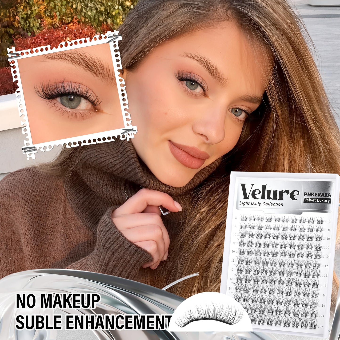 PHKERATA Velure Lash Clusters Kit Natural Eyelash Clusters Wispy Lash Extension Kit Invisible Clear Band Lashes DIY Cluster Eyelash Extensions with Bond and Seal Tweezers, 8-16mm, 120Pcs