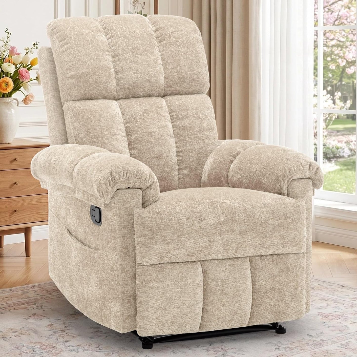 Recliner Chair - Upholstered Manual Recliner for Small Spaces | Modern Chenille Design in Beige with Side Pockets