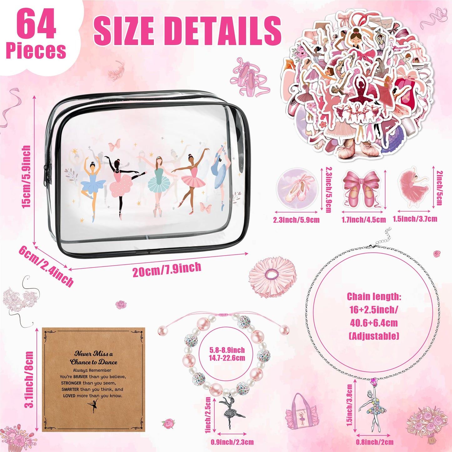 Y1tvei Cute Ballerina Girl PVC Makeup Bag - 64Pcs Ballet Dancing Girl Cosmetic Pouch Recital Gifts, Clear Makeup Bag with Dance Stickers Sparkly Necklace Bracelet Card for Ballet Dancer Birthday Party