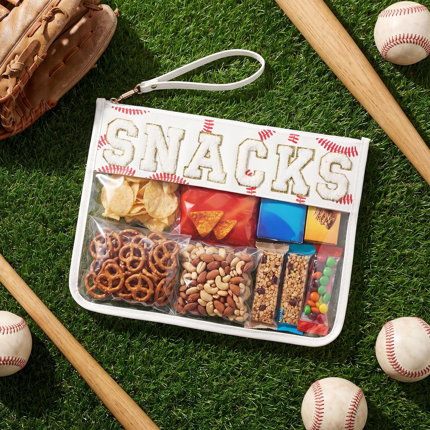 Klyyo Clyro Clear Baseball Snack Bag Chenille Letter Zipper Pouch Baseball Snack Goodie Treat Team Gifts for Sport Game Day Theme Party Favors Player Gift