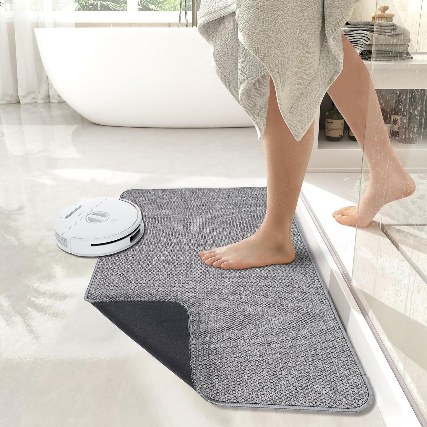 Ultra Thin Bath Mat - Non-Slip Rubber Bathroom Rug, Quick Dry & Absorbent | Grey, 1'5"x2'3" (17x27 Inch)