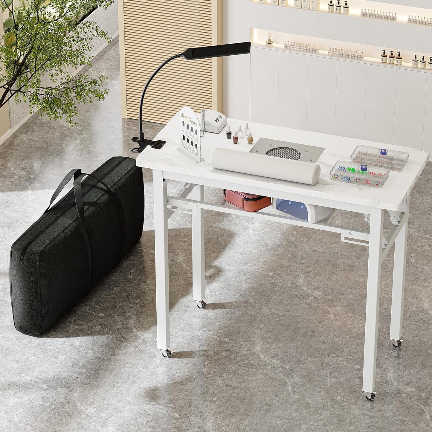 Portable Foldable Manicure Table - Rolling Nail Tech Desk with Dust Collector & LED Light | Marble White, Carrying Case