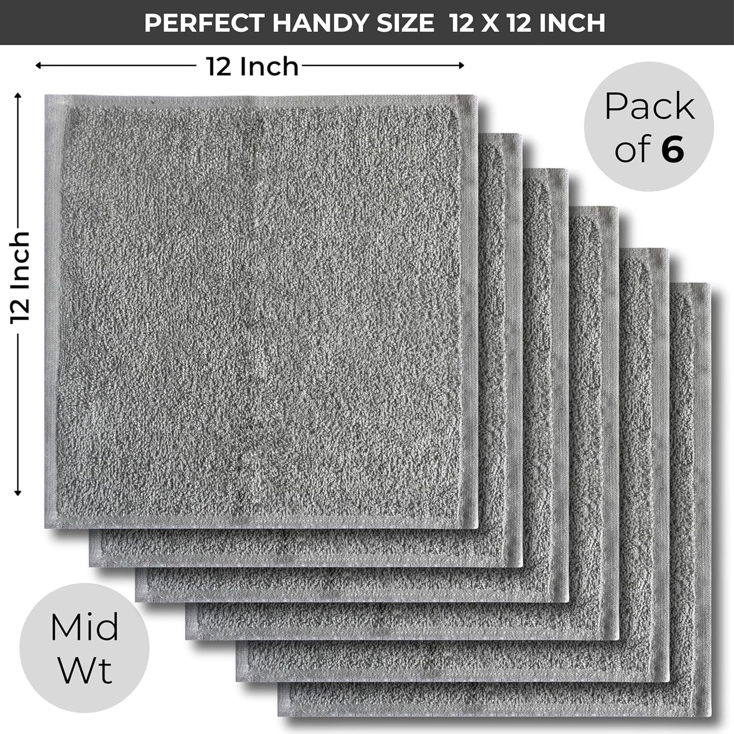 100% Cotton Wash Cloths - Soft Absorbent Terry Towels for Body & Face | 12"X12" 6 Pack