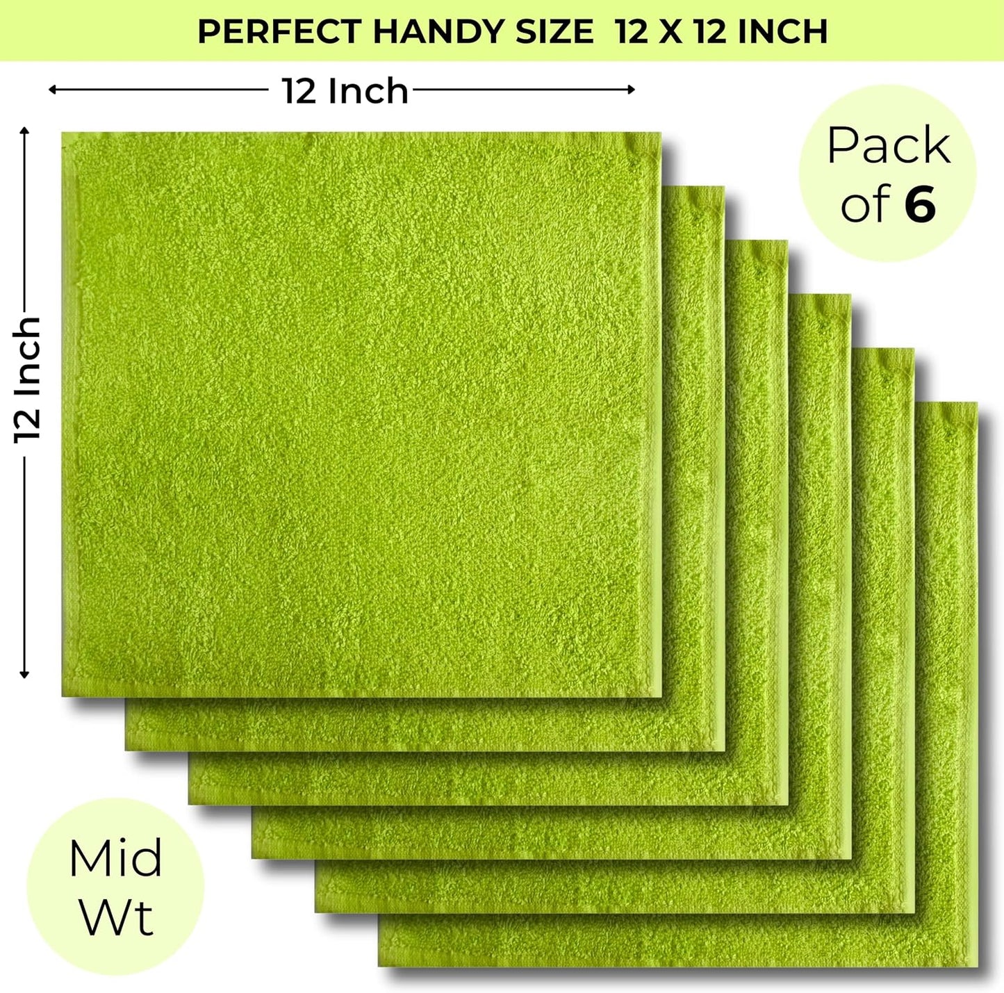 Lemon Lime 100% Cotton Wash Cloths - Soft Absorbent Terry Towels | 12"x12" | 6 Pack for Adults & Kids