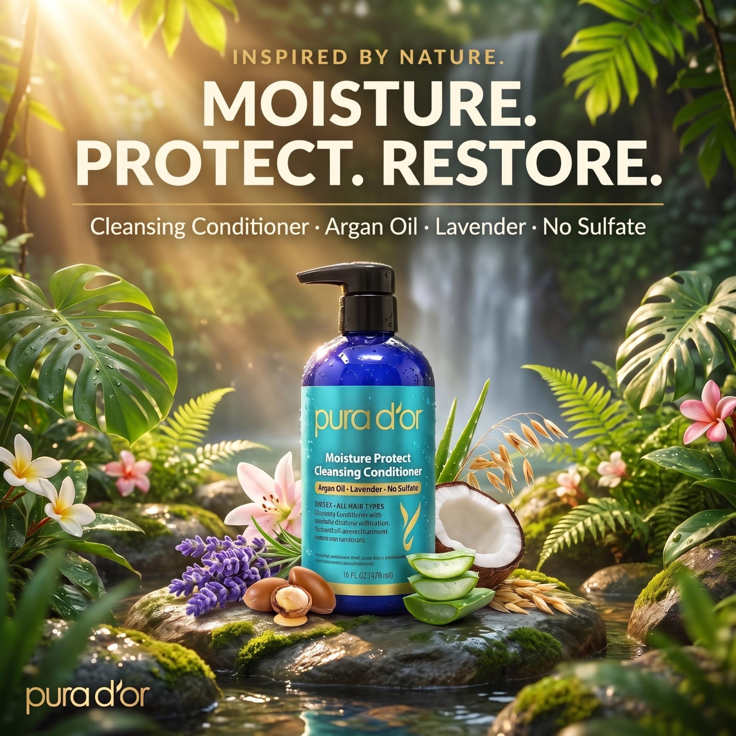 PURA D’OR Moisture Protect Cleansing Conditioner (16oz) Detangles & Restores Hair with Argan Oil, Lavender, No Sulfate, All Hair Types, Men & Women (Packaging may vary)