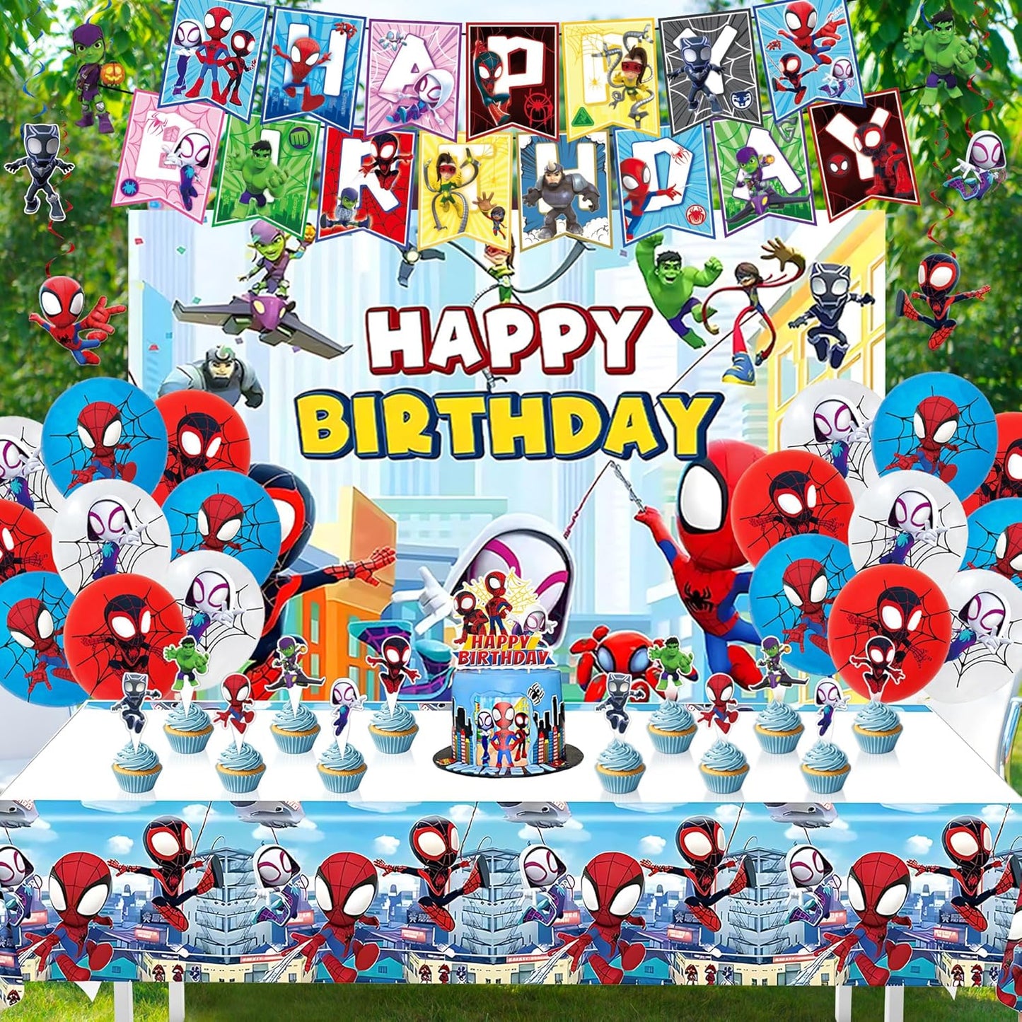Spider-Man Party Decorations - Complete Spidey Theme Supplies with Banner, Backdrop, Table Cover, Cake Toppers & Balloons | Perfect for Kids' Birthday Celebrations