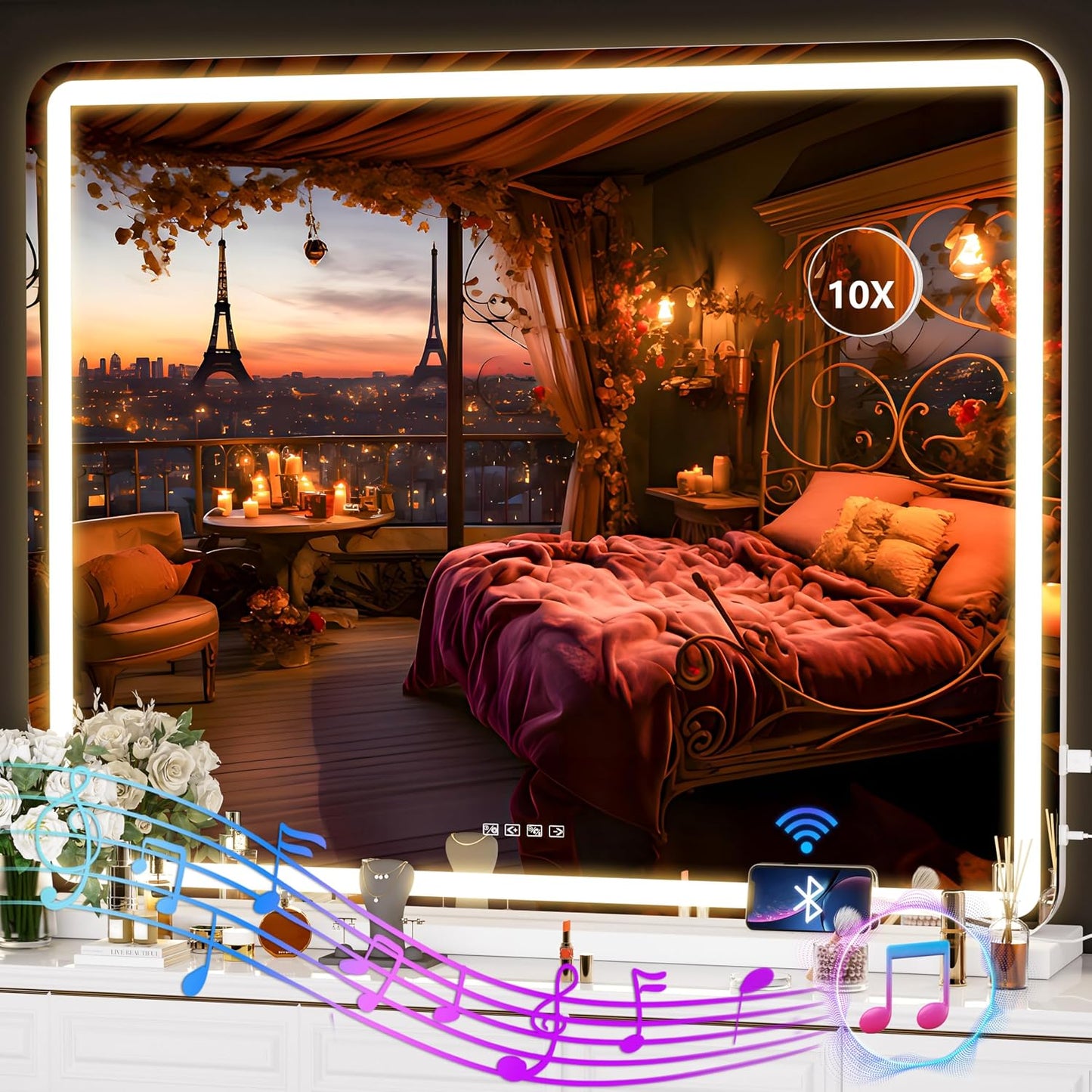 LED Makeup Mirror with Lights - 31.5" x 22" Dimmable Touch Screen Vanity Mirror | Round Black Design