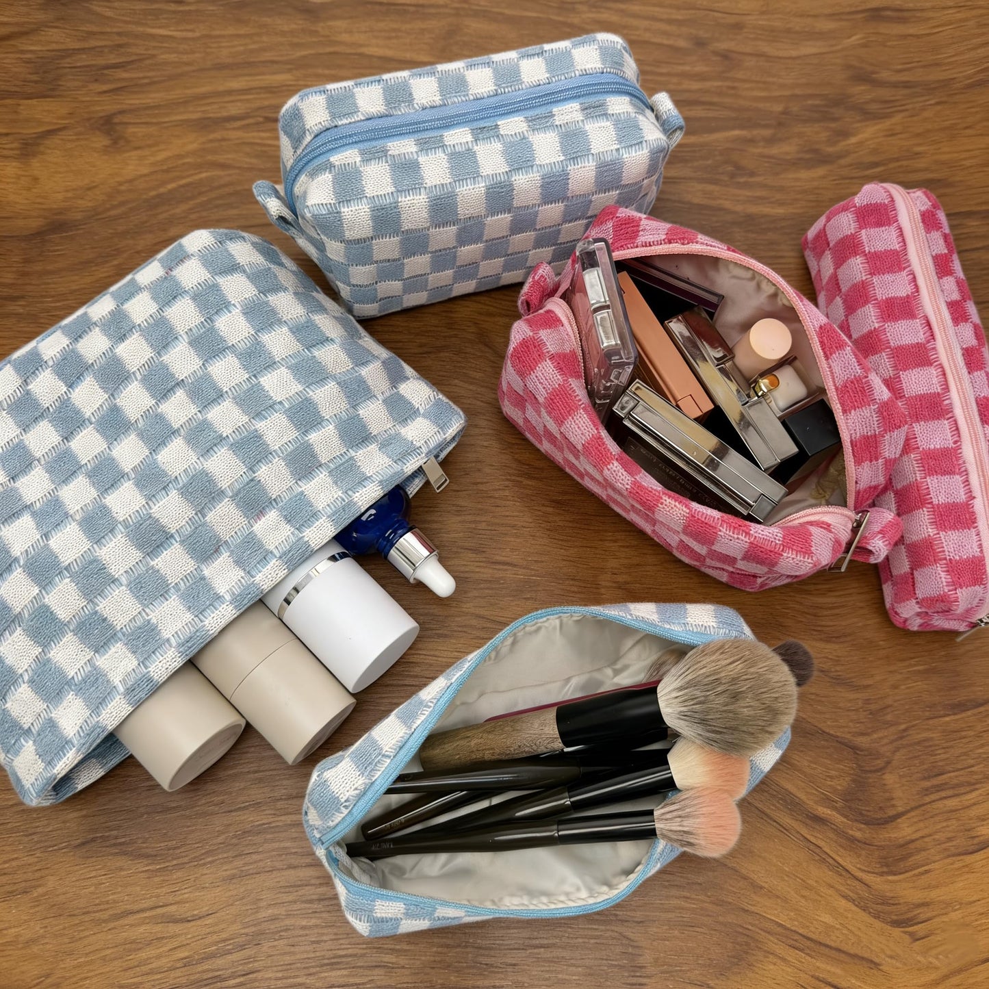 Stidgbo 3 Pieces Checkered Makeup Bag Set, Pink Cosmetic Bags for Women, Large Medium Small Portable Travel Toiletry Bag, Cute Zipper Pouch Organizer for Purse, Skincare, Cosmetics, Stationery