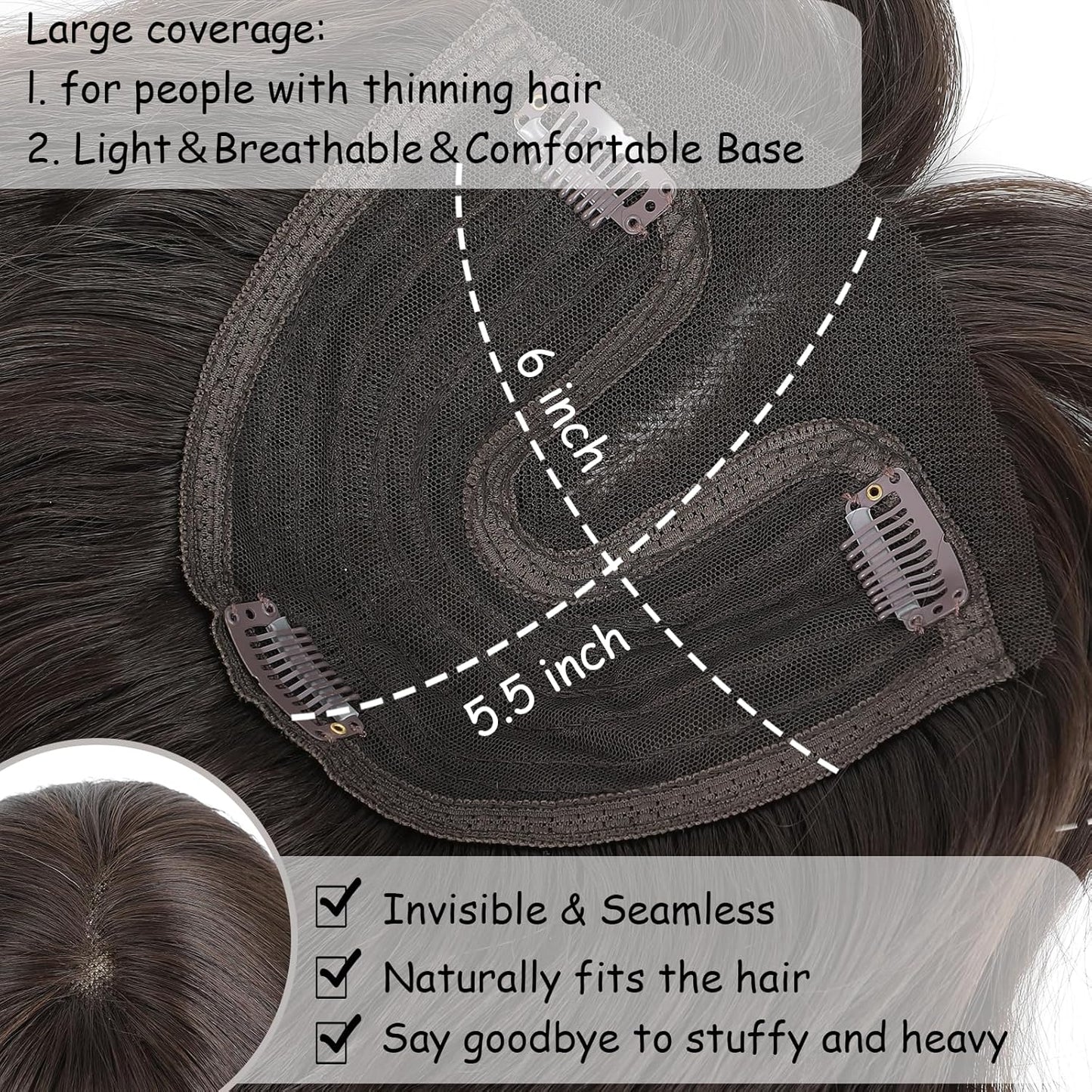 Hair Toppers for Women - 20 Inch Hand-Tied Curly Clip-In Wiglets | Dark Chestnut Brown, Wispy Bangs