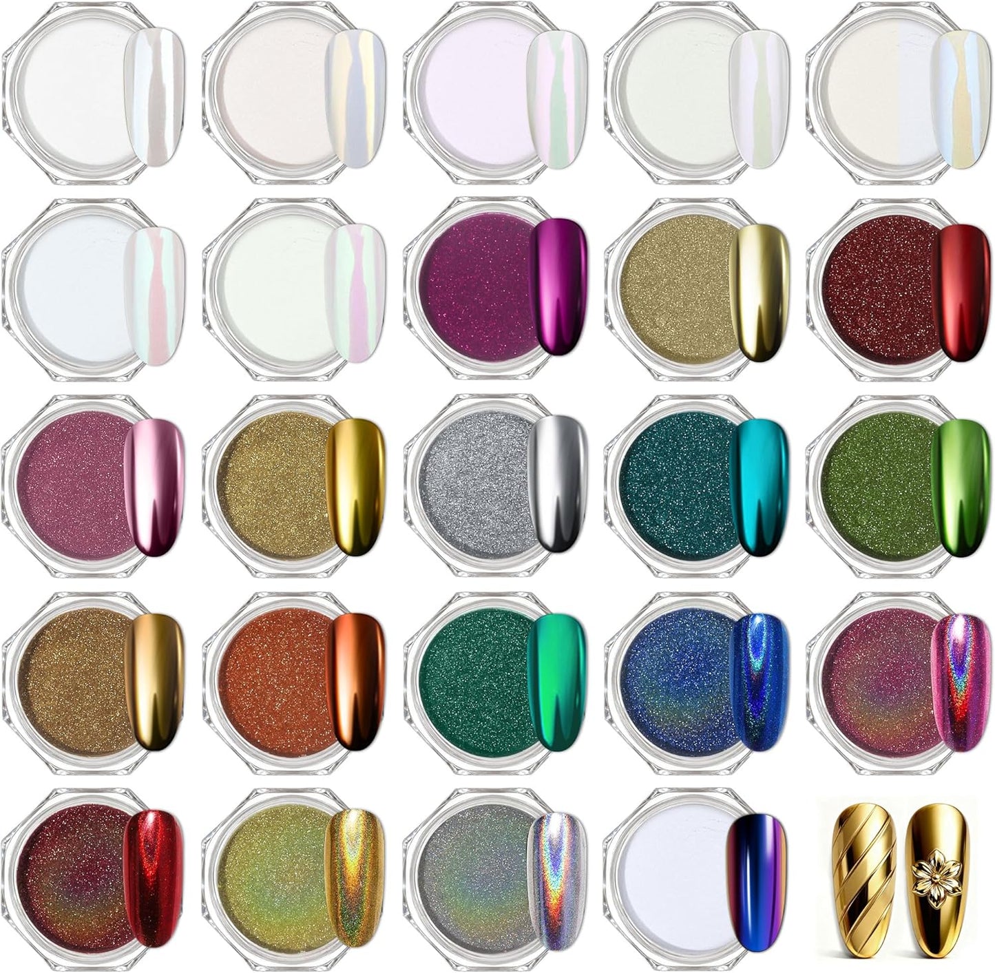 Chrome Nail Powder Kit - 24 Jars Magic White Pearl & Metallic Colors for Stunning Nail Art | Holographic Pigment for Resin Crafts
