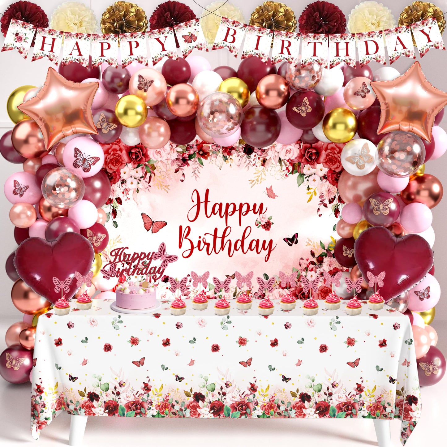 Burgundy Birthday Decorations for Women Girls, 144PCS Red and Rose Gold Party Supplies with Happy Birthday Banner & Backdrop, Tablecloth, 3D Butterfly Stickers, Balloon Arch Kit for Birthday Decor