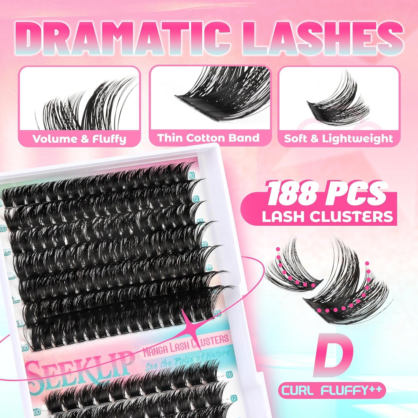 Dramatic Thick Eyelash Extensions - 188 Pcs Fluffy Volume Lash Clusters for DIY Glam Look | 100D & 200D