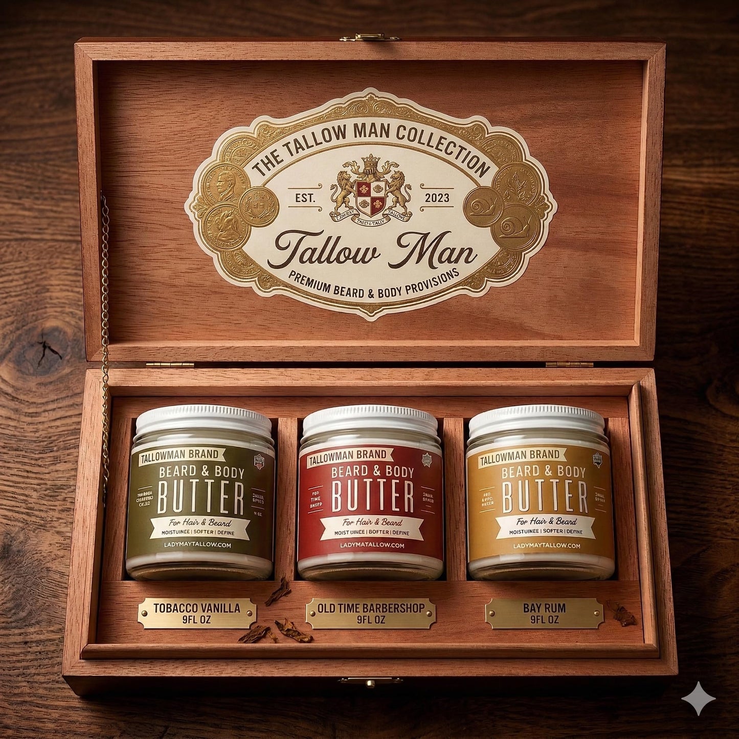 Tallow Man Deluxe Gift Set - Beard Butter Trio (Bay Rum, Tobacco Vanilla, Barbershop), Hand Salve & Leather Conditioner | Premium Men's Grooming | 5-Piece Set