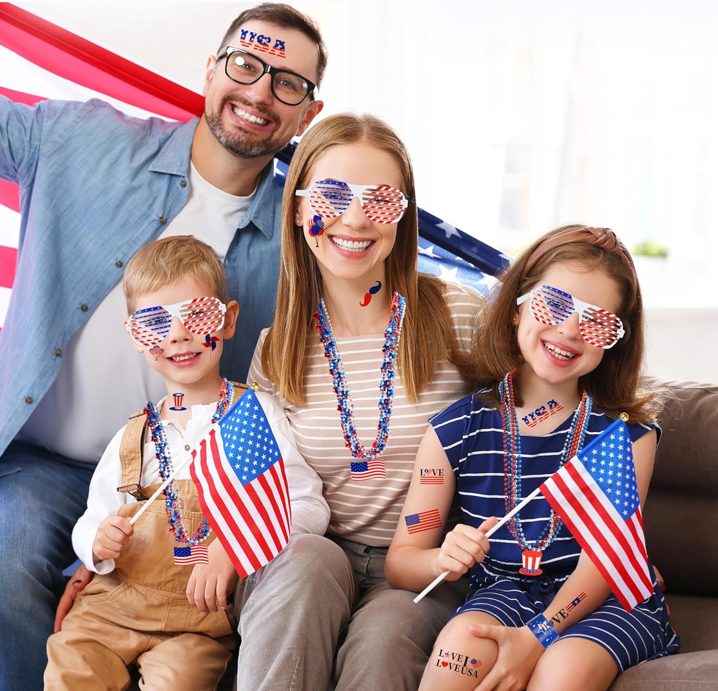 4th of July Patriotic Accessories Set - 147 Pcs Glasses, Necklaces, Bracelets & Tattoos | Independence Day Party Decor