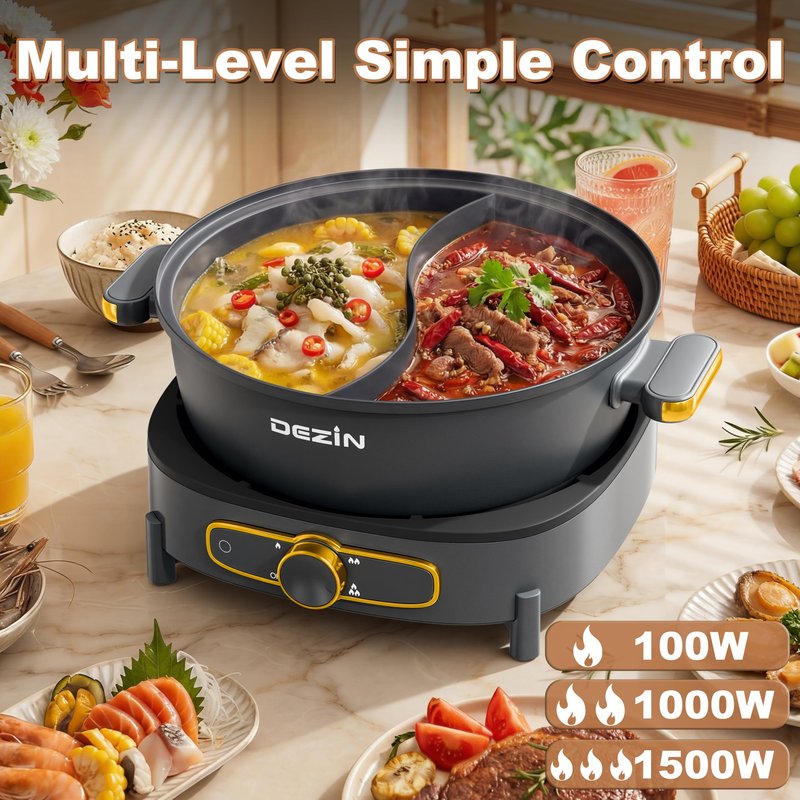 Dezin Hot Pot Electric with Divider, 6L Double-Flavor Shabu Shabu Pot, Dual Sided Removable Non-Stick Hotpot Pot Electric, 3" Depth Chinese Hot Pot with Multi-Power Control, 2 Silicone Ladles Included