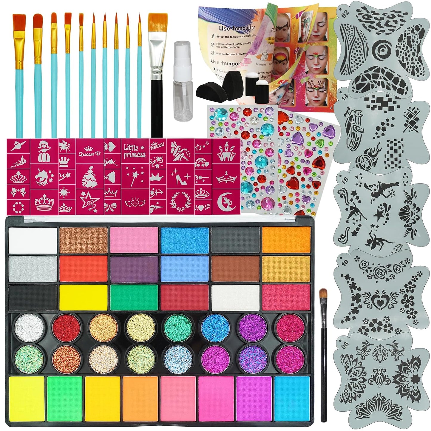 42 Color Face Painting Kit - Non-Toxic Water Activated Paint Set with Stencils & Brushes | Perfect for Halloween, Parties & Festivals