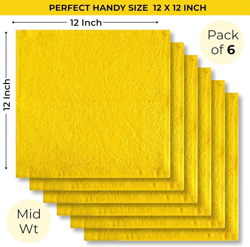 100% Cotton Yellow Wash Cloths - Soft Absorbent Terry Towels | 12"x12" | 6 Pack for Adults & Kids