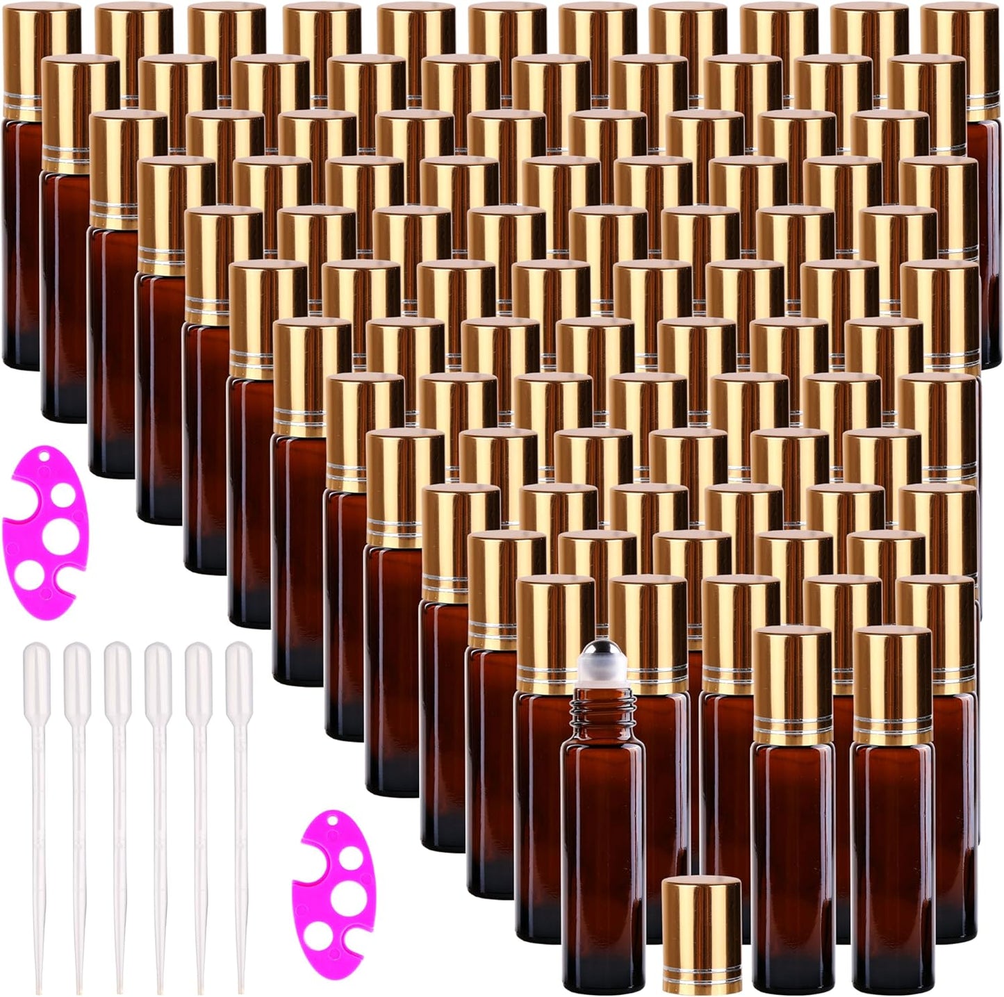 Essential Oils Roller Bottles - 24 Pack 10ml Gradient Glass with Golden Metal Cap | Travel-Friendly