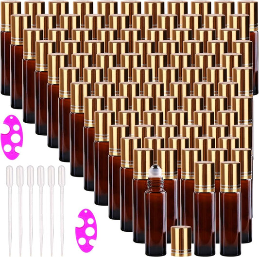 Amber Glass Roller Bottles for Essential Oils - 10ml with Stainless Steel Roller Balls & Aluminum Cap