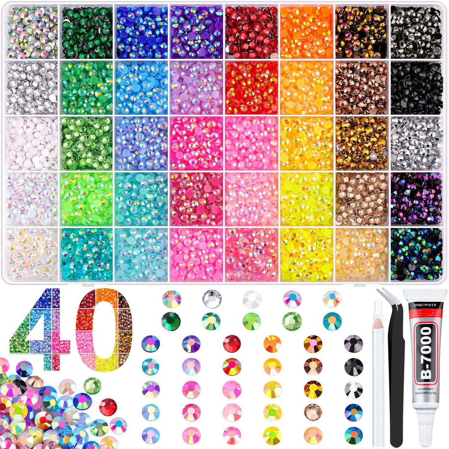 BELLEBOOST Jelly Rhinestones Bedazzling Kit - 45000 Pcs, 40 Colors, 3mm Flatback Gems for Crafting | Includes 3 Pcs B7000 Glue
