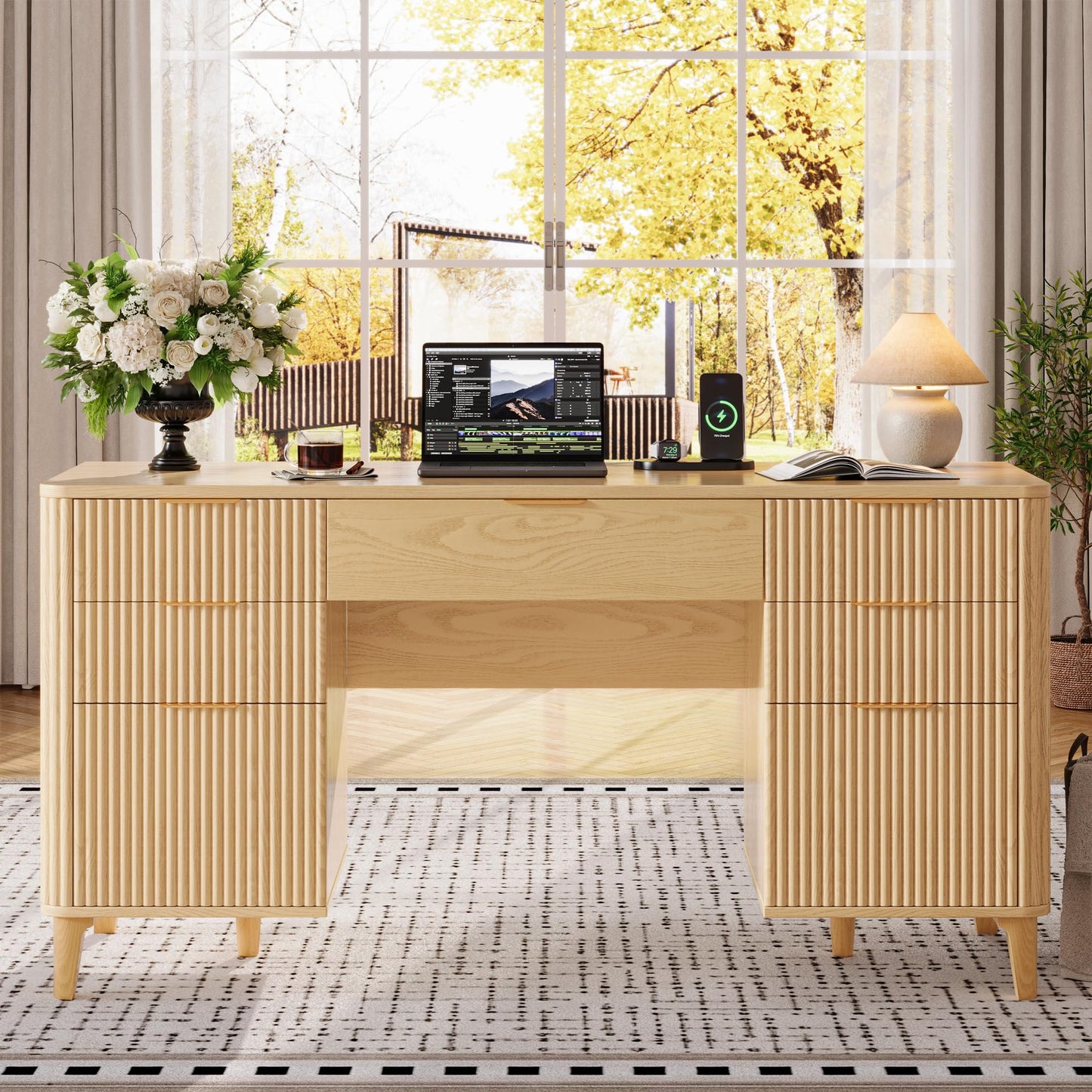 Oxirth 55.1" Fluted Executive Desk with Drawers, Wood Computer Desk with Storage Cabinet, Home Office Desk with Charging Station, Farmhouse Desk with File Cabinet for Office Home (Nature)