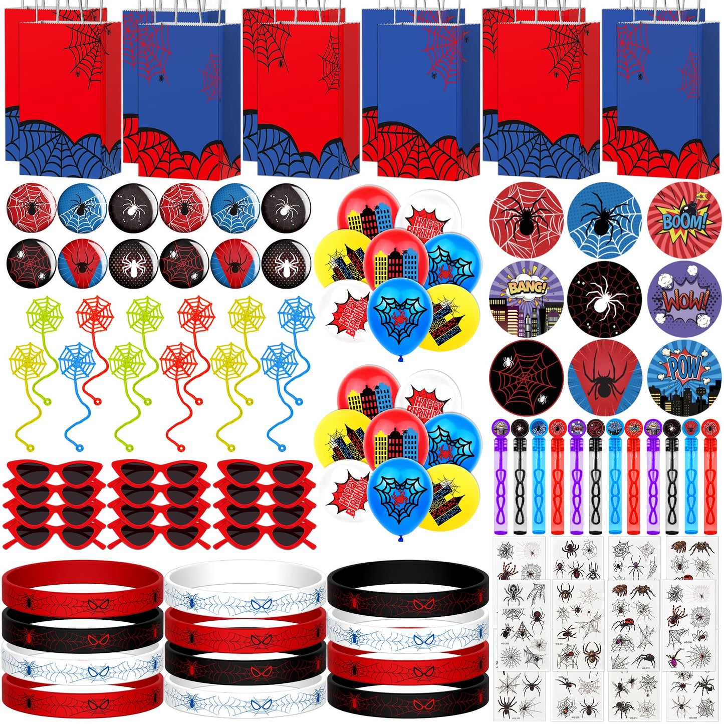 HandTool 100pcs Spider Party Favors, Hero Theme Birthday Party Supplies Including Silicone Bracelets Sticky Spider Webs Bubble Wands Temporary Tattoos, Birthday Decorations Classroom Rewards for Kids