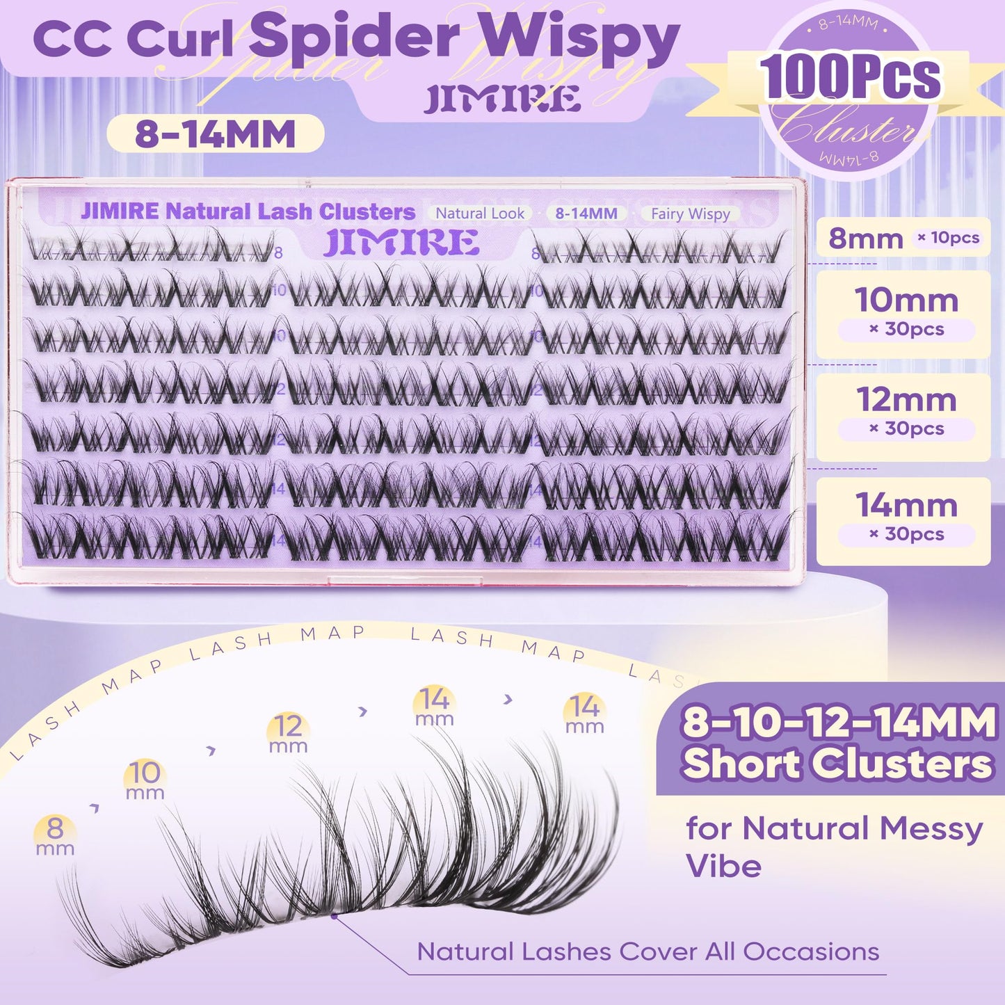Spider Breeze Lash Clusters Wispy Eyelash Clusters CC Curly Natural Lashes Clusters Fluffy Cluster Eyelash Extensions Natural Look 8-14MM Short Cluster Lashes for Clean Baddie Makeup Look by JIMIRE