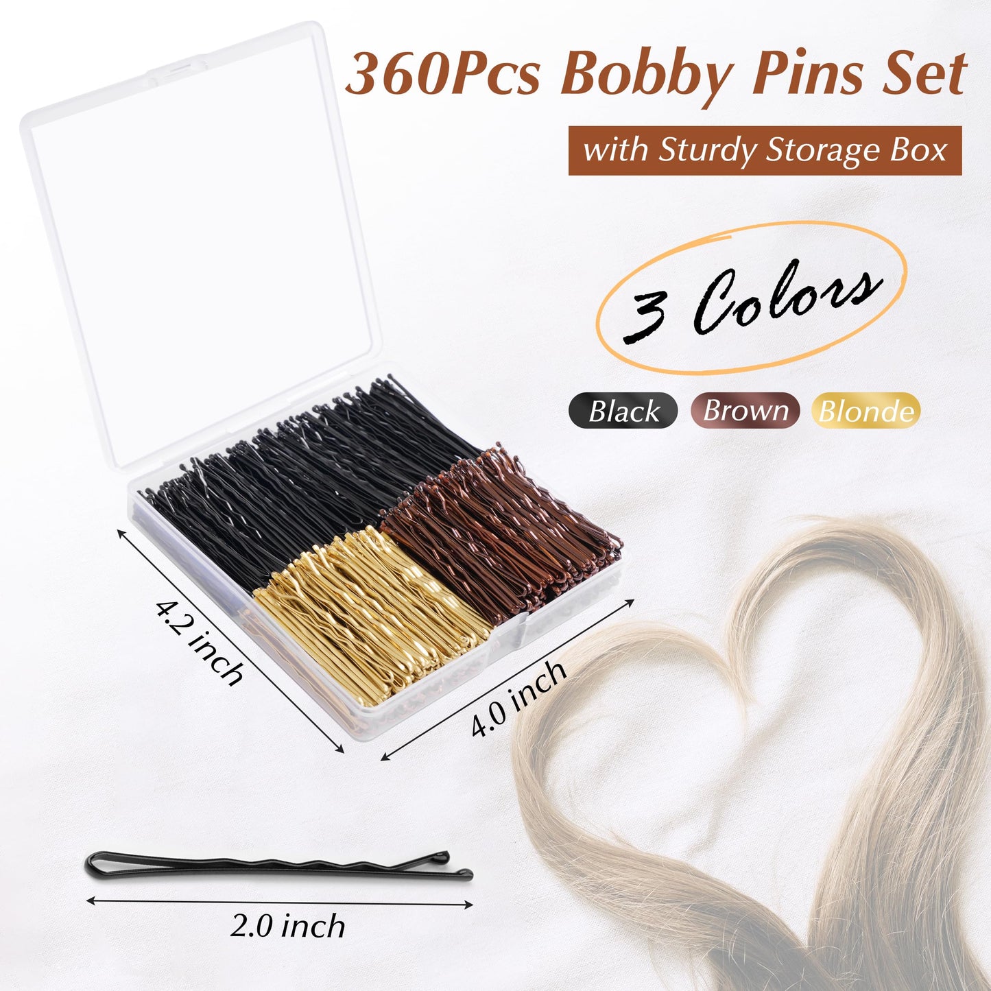 Bobby Pins 360 Pcs Brown Blonde Black Hair, 2 Inch Premium Secure Hold, Bulk with Storage Box, Women & Girls Styling