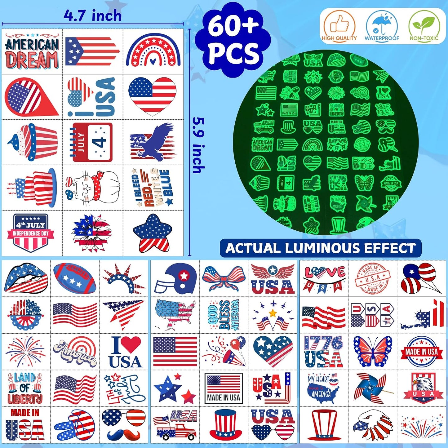 Luminous 4th of July Temporary Tattoos - Glow in Dark Patriotic Party Favors | Red, White & Blue Designs