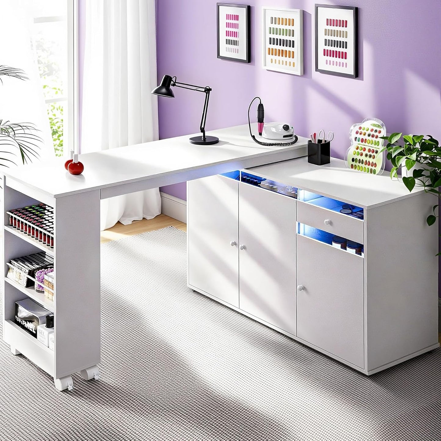 L-Shaped Manicure Table - Modern Nail Salon Desk with Storage & LED Light | White, Convertible Design