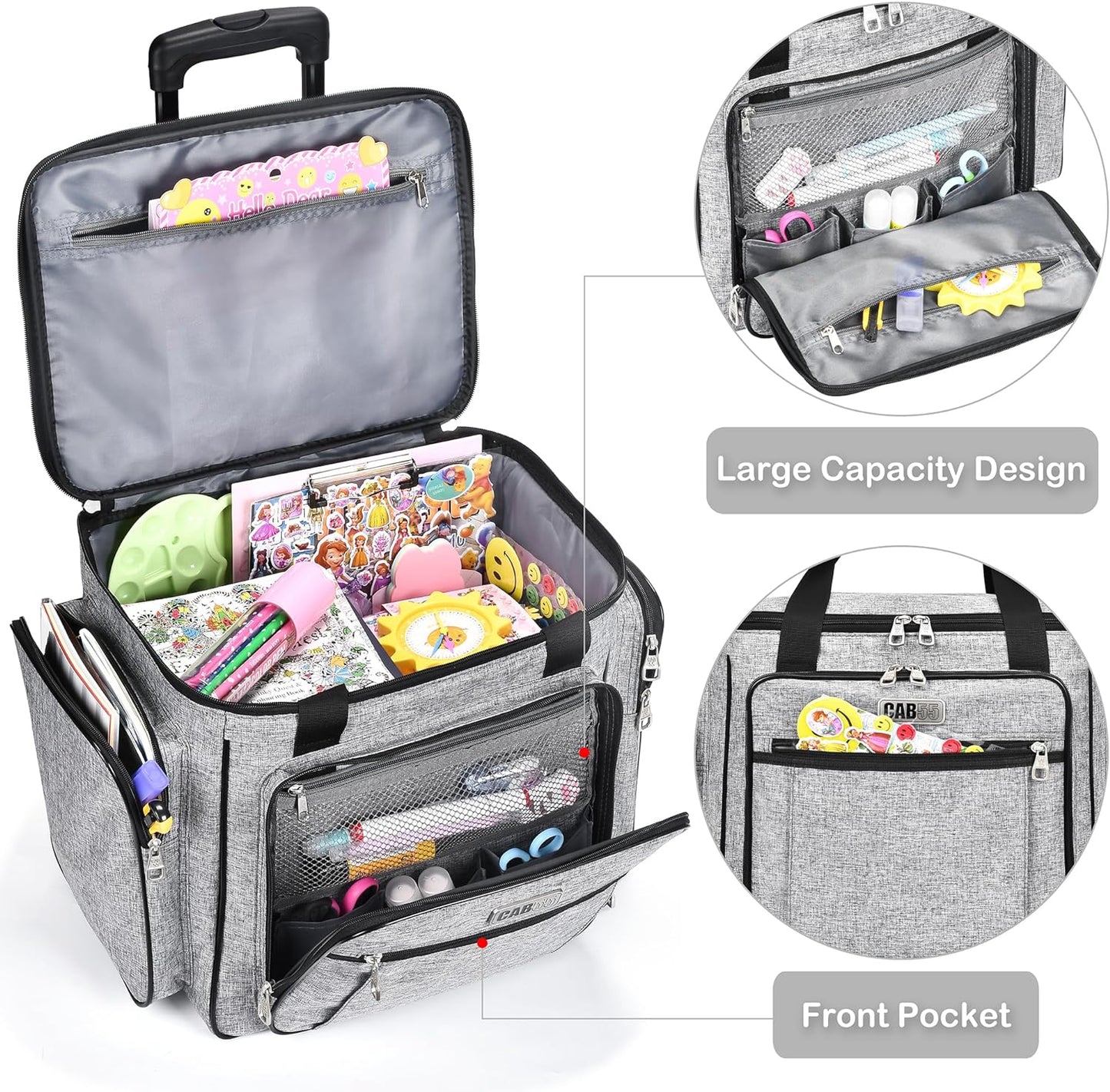 Rolling Craft Bag - Tote with Wheels for Easy Transport | Grey Teacher Bag with Removable Hand Truck