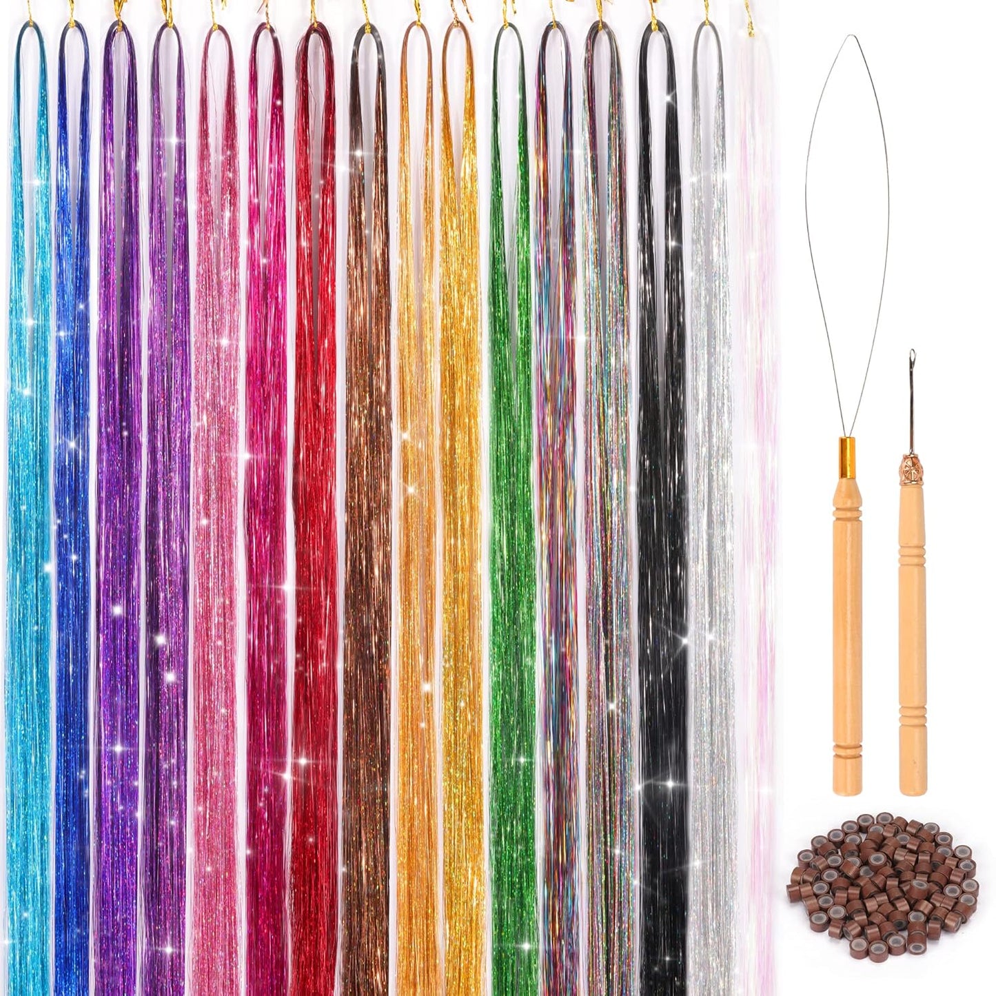 Hair Tinsel Extensions Kit - 48 Inches, 3300 Strands | 16 Color Sparkling Glitter for Cosplay & Parties