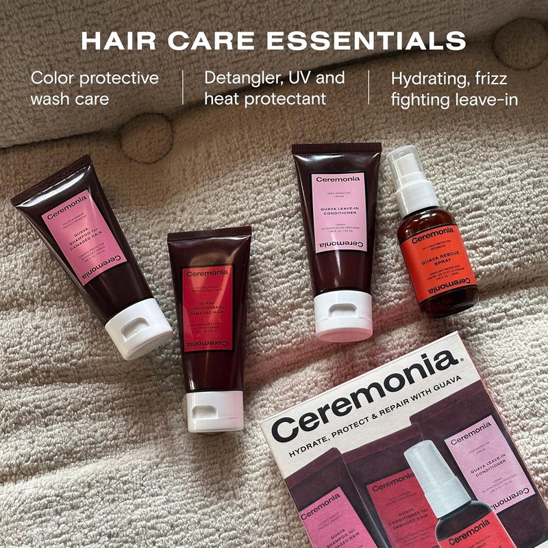 Ceremonia Guava Travel Hair Care Kit - 4 Piece Set for Split Ends & Frizz Control | Shampoo, Conditioner, Leave-In, Detangler Spray