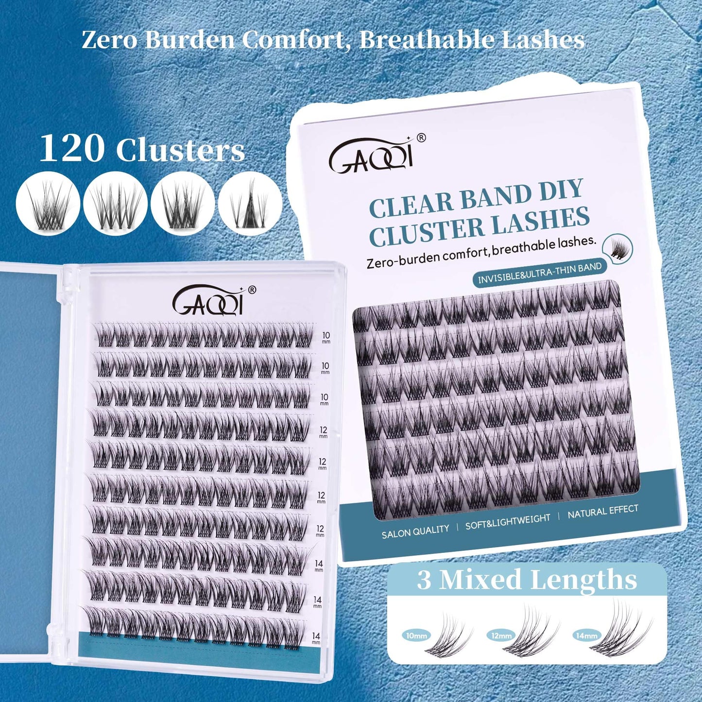 GAQQI Lash Clusters Volume & Wispy Eyelash Clusters 10-14mm Cluster Lashes 120PCS, Cluster Eyelash Extensions C Curve, Ultra-thin & Soft Clear Band False Lashes Wide Band (WING)