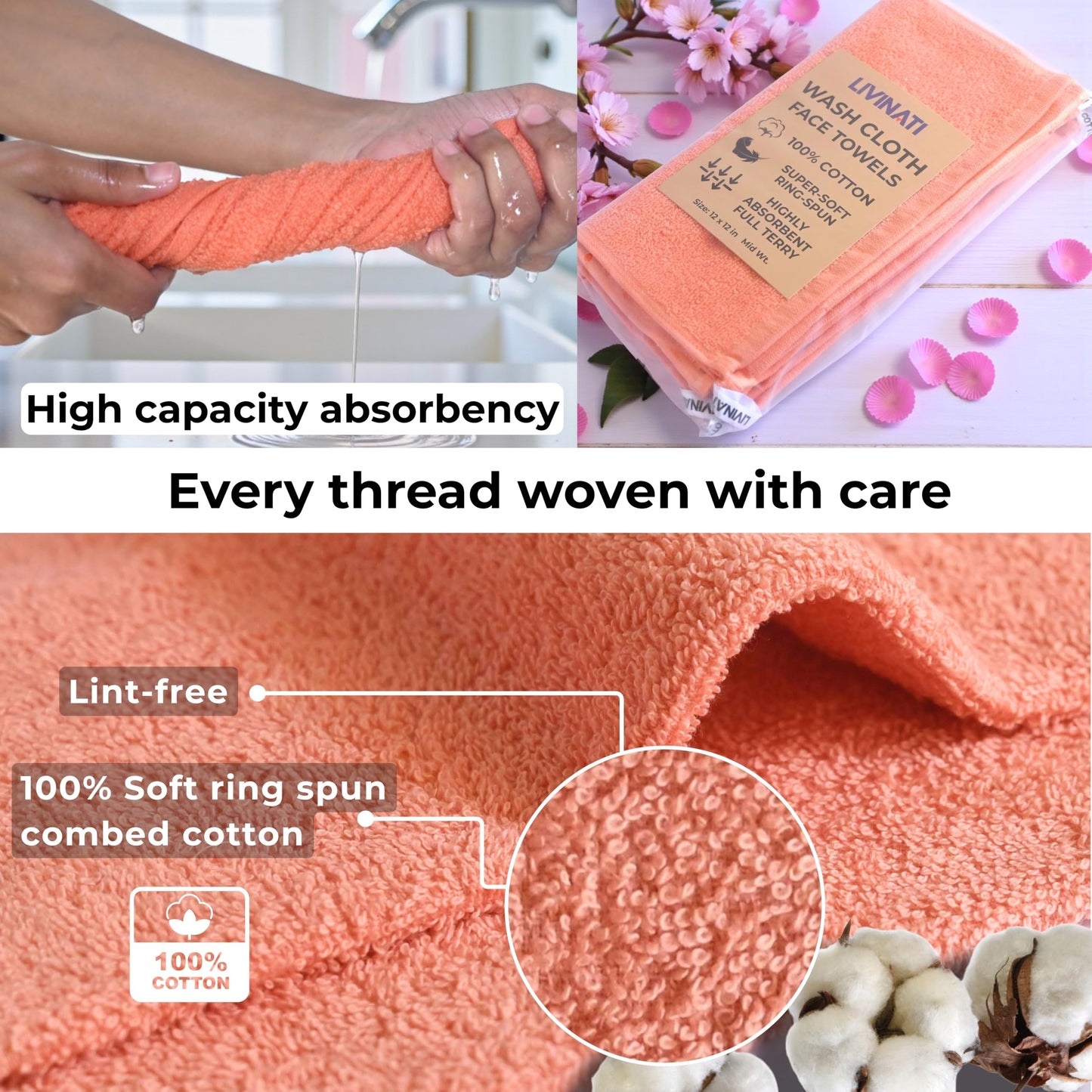 LIVINATI Peach 100% Cotton Wash Cloths for Showering Body and Face - 12"X12" 6 Pack Washcloths - Small Terry Towel Bath Rags for Adults and Kids Bathroom - Soft Absorbent
