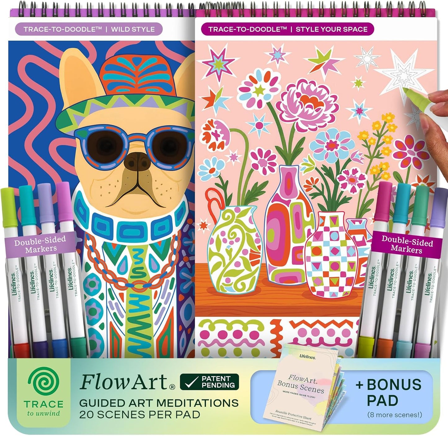 FlowArt Mini Activity Pads - Guided Dot-by-Letter Art Meditations | 3-Pack with 15 Markers & 60 Scenes for All Ages